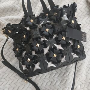 ZAC Zac Posen Black Floral Cutout Tote with Gold Stud Accents